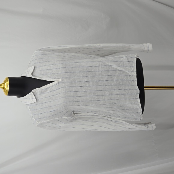 Saks Fifth Avenue Linen White Blue Striped Collared Button Tab Roll Sleeve Top M - Picture 3 of 10